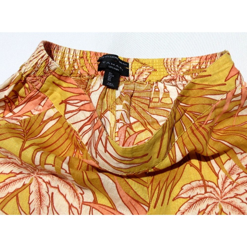 Tahari Womens Large 100% Linen Wide Leg Tropical Leaf Pink-Yellow Crop Pants - Picture 4 of 5
